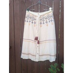 Boho Embroidered Cream Linen Midi Skirt Button Front Tassel Tie Waist Size large